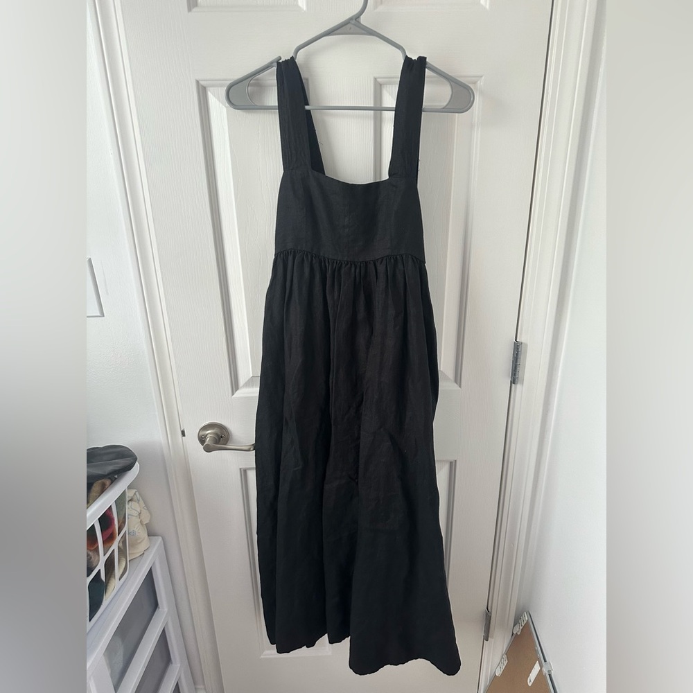 We are Sundays 100% Linen Black Wide Strap Maxi Dress XS
